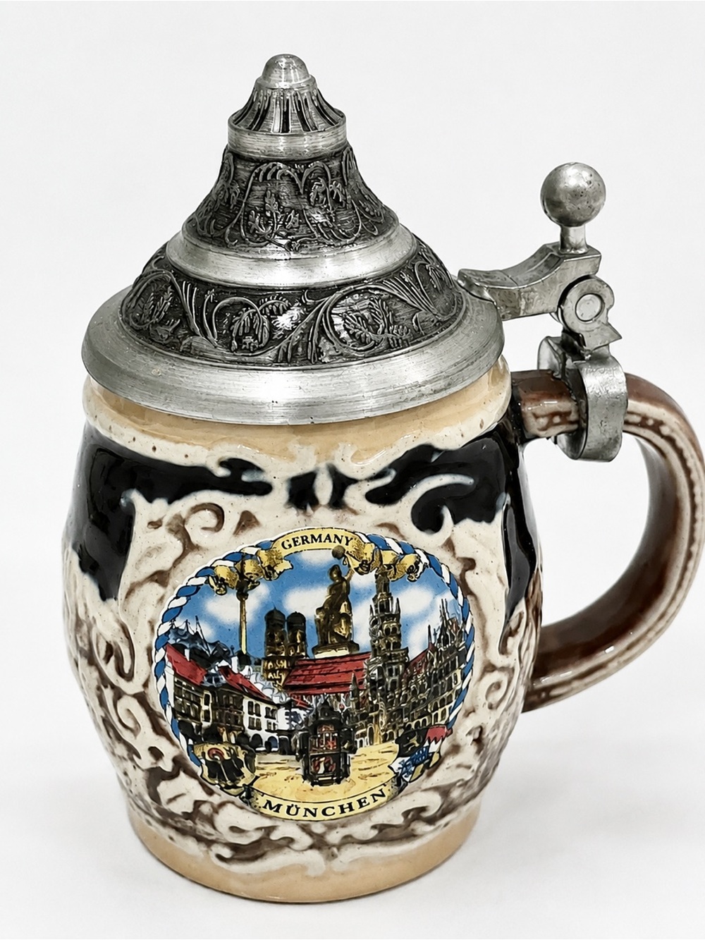 💥3/$50 Authentic German VTG Mini Ceramic Beer Stein w Working Pewter Lid | EUC